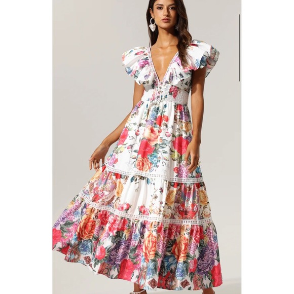 Bella Burnett  Floral Print Maxi Dress Ruffle Sleeve Smocked Waist Tie - Picture 1 of 12